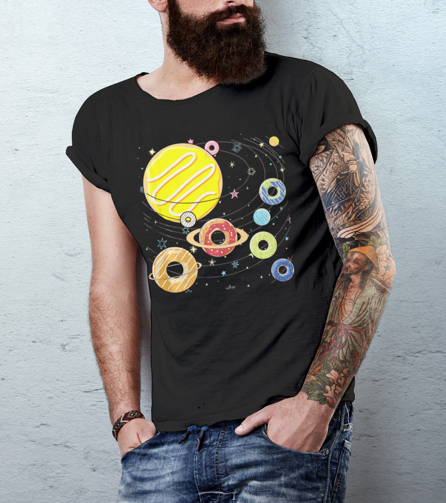 Galaxy Planets As Glazed Donuts Doughnuts With Stars T-Shirt