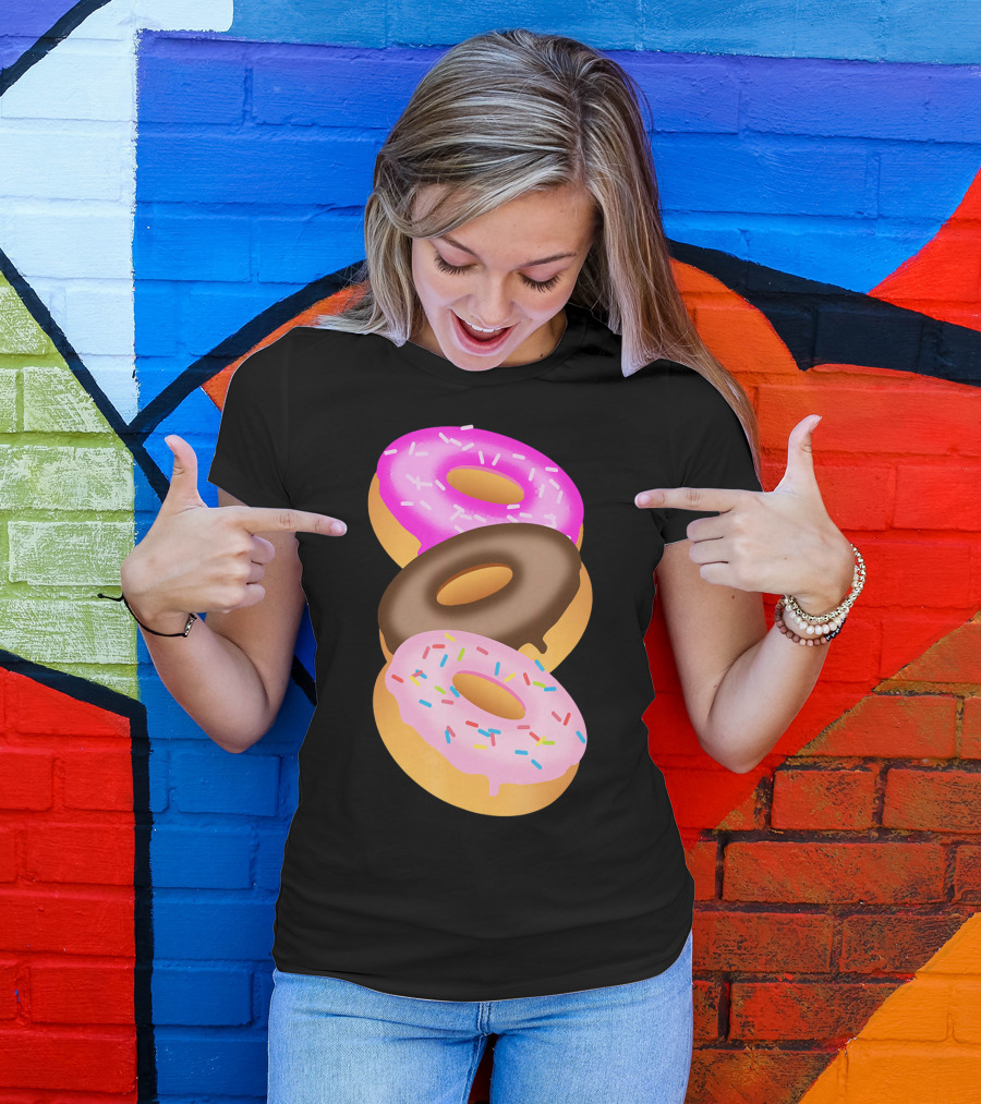 Donuts Doughnut Confection Pink Chocolate Frosted Doughnut Trio T-Shirt