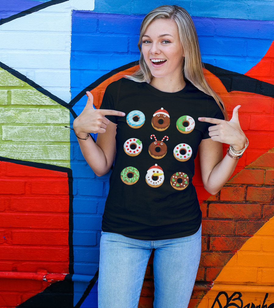 Christmas Donut Snowflakes Santa Candy Canes Holly Wreath Trees Snowman T-Shirt