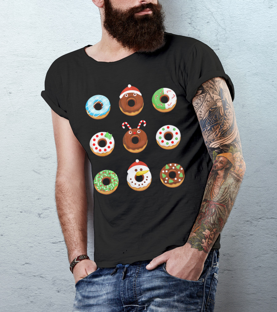 Christmas Donut Snowflakes Santa Candy Canes Holly Wreath Trees Snowman T-Shirt
