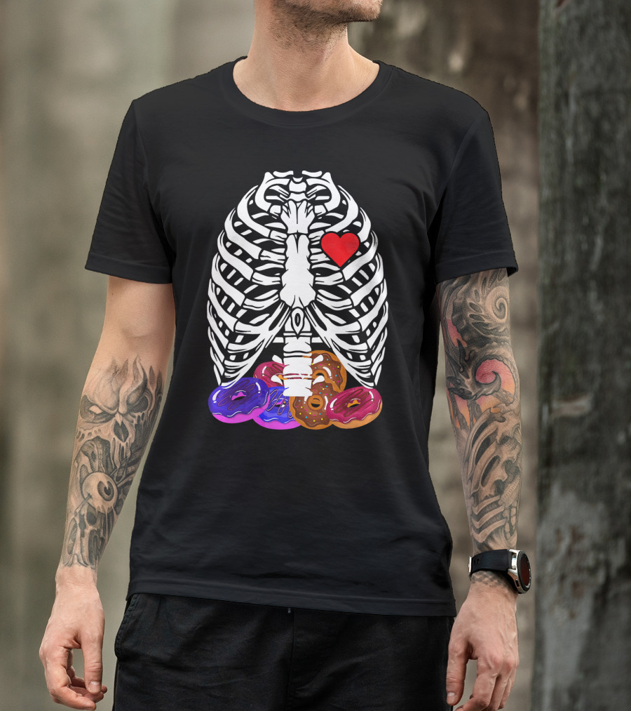 Funny Halloween Rib Cage Skeleton With Heart And Colorful Donuts T-Shirt