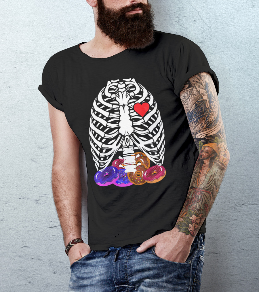 Funny Halloween Rib Cage Skeleton With Heart And Colorful Donuts T-Shirt