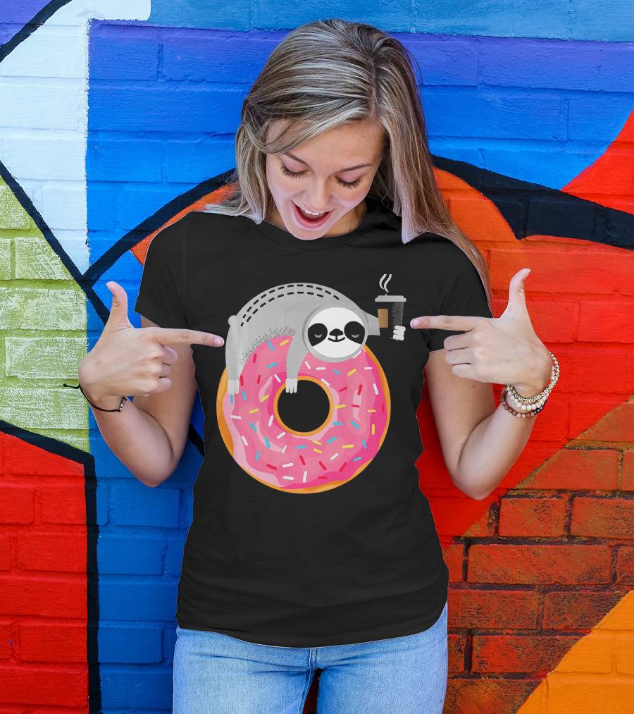 Sloth Relaxing On Sprinkled Donut Holding Steaming Coffee Cup T-Shirt