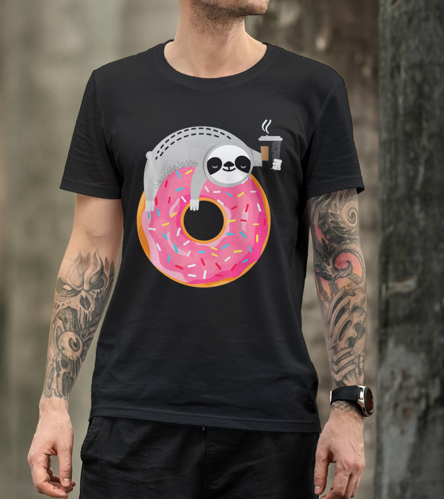 Sloth Relaxing On Sprinkled Donut Holding Steaming Coffee Cup T-Shirt