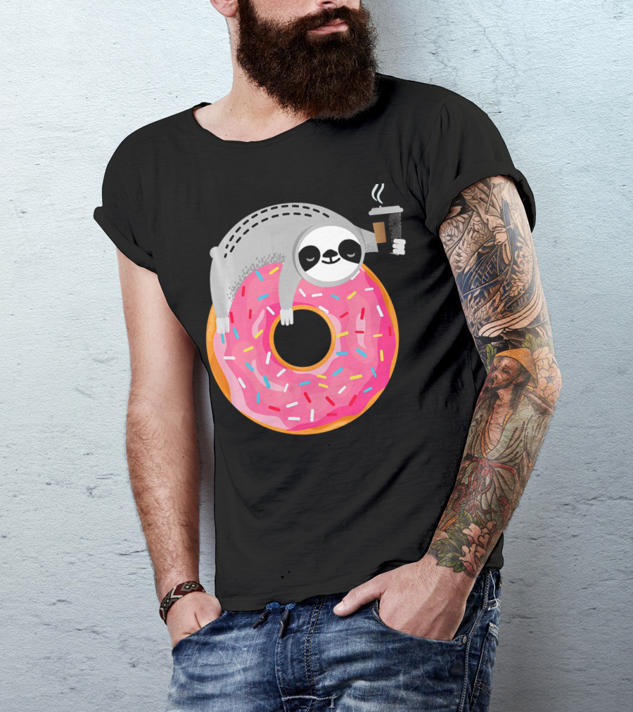 Sloth Relaxing On Sprinkled Donut Holding Steaming Coffee Cup T-Shirt