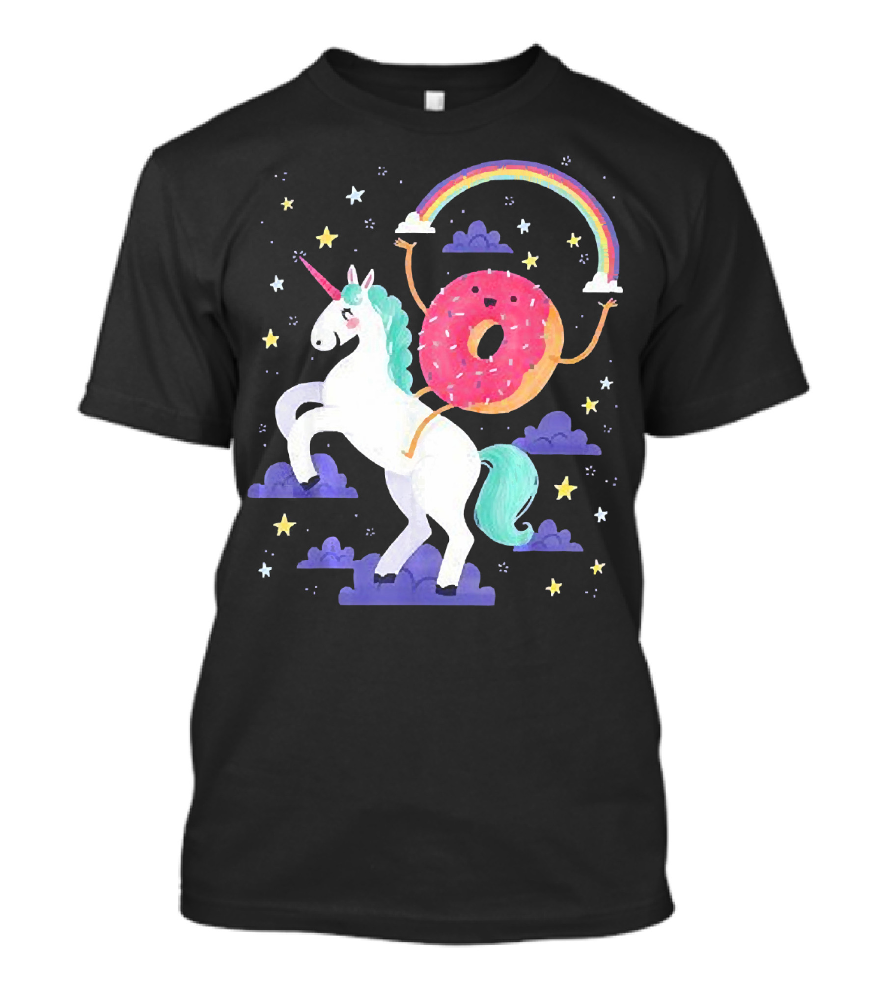 Donut Riding Unicorn With Rainbow And Stars T-Shirt