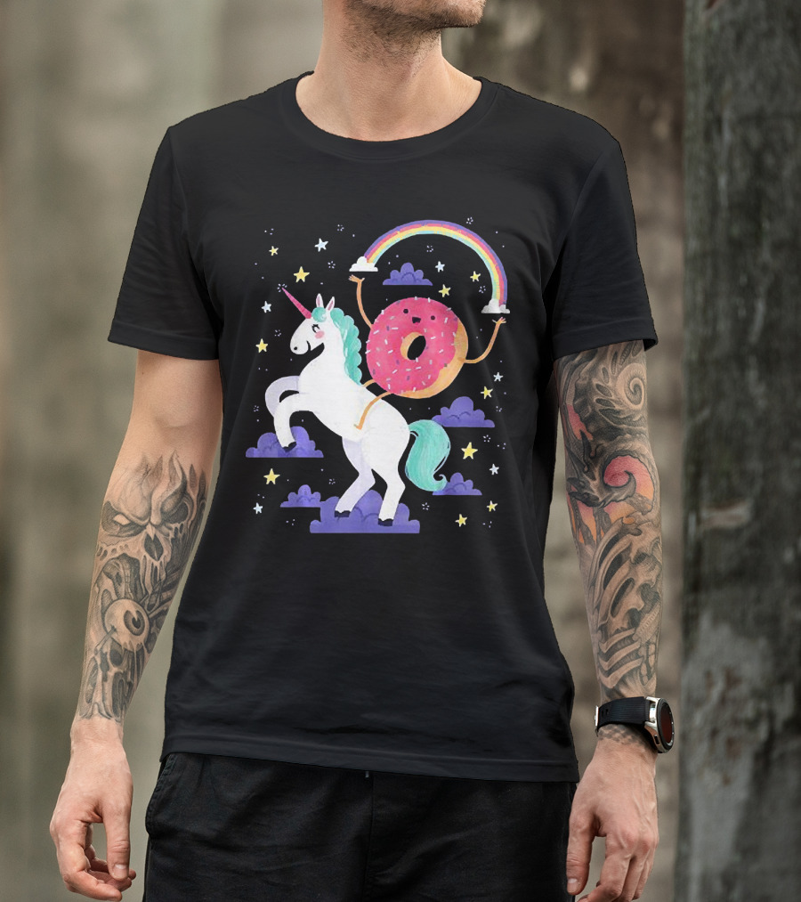 Donut Riding Unicorn With Rainbow And Stars T-Shirt