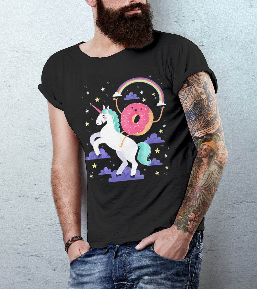 Donut Riding Unicorn With Rainbow And Stars T-Shirt