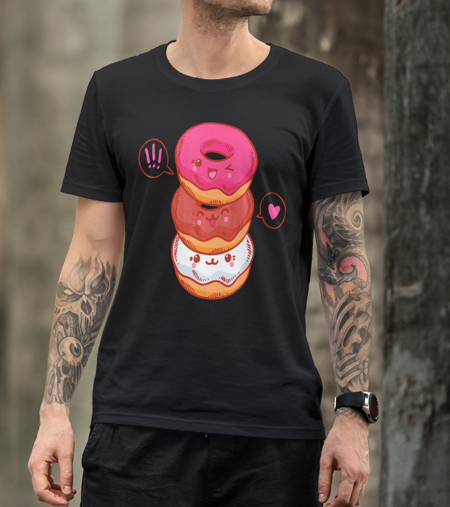 Kawaii Donuts Stack With Cute Faces And Heart T-Shirt