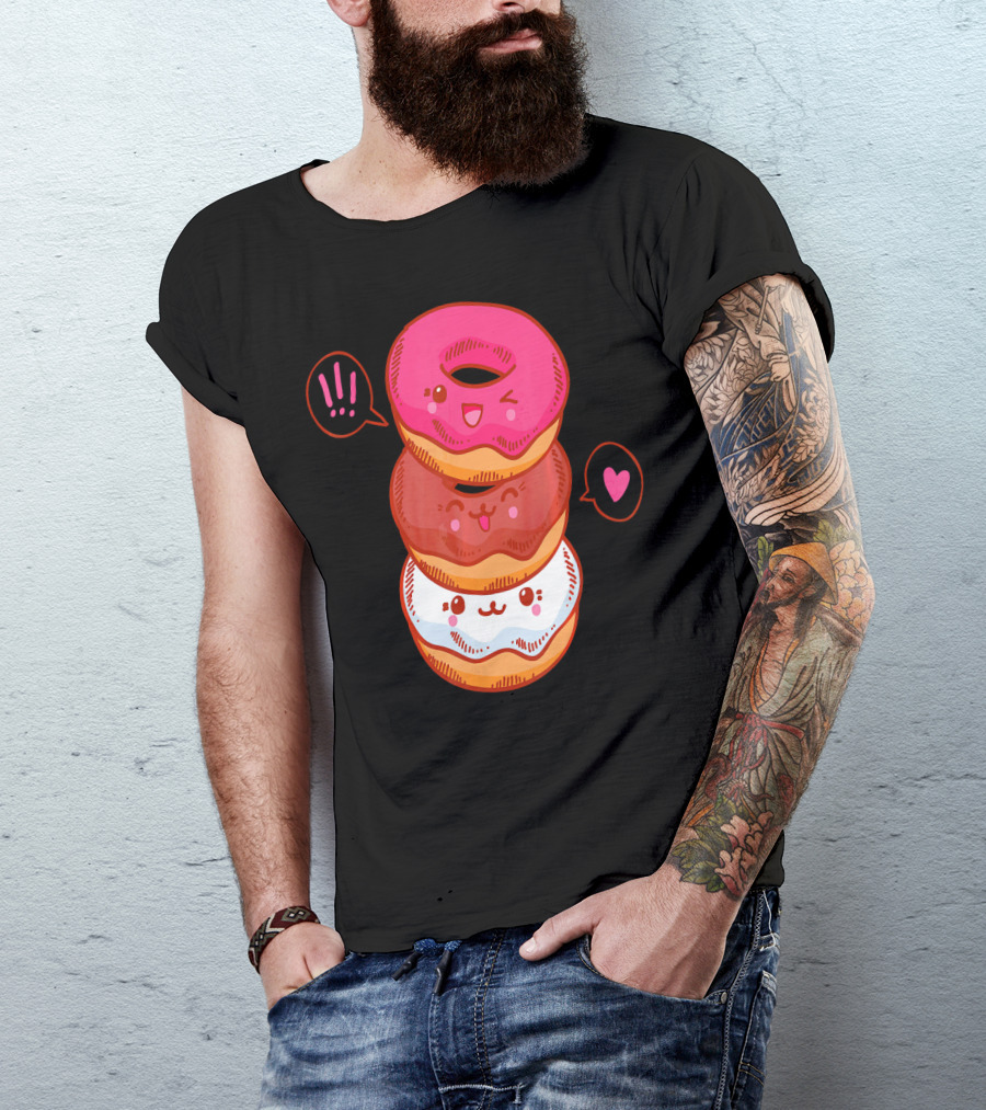 Kawaii Donuts Stack With Cute Faces And Heart T-Shirt