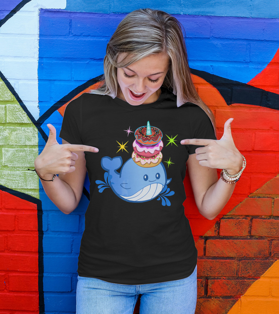 Cute Narwhal Balancing Colorful Donuts T-Shirt