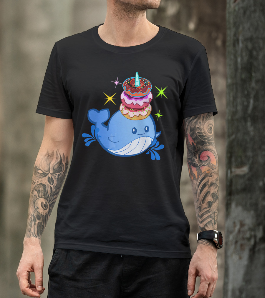 Cute Narwhal Balancing Colorful Donuts T-Shirt