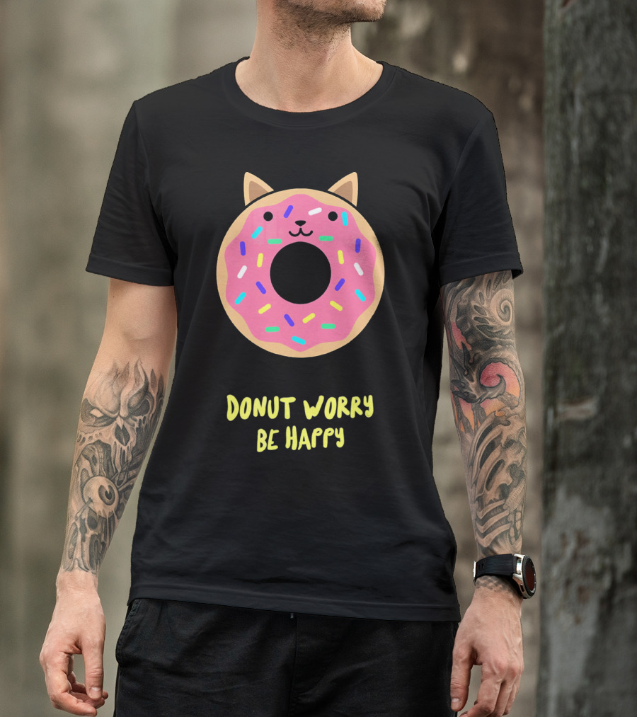 Kawaii Japanese Anime Pink Sprinkle Cat Donut Worry Be Happy T-Shirt