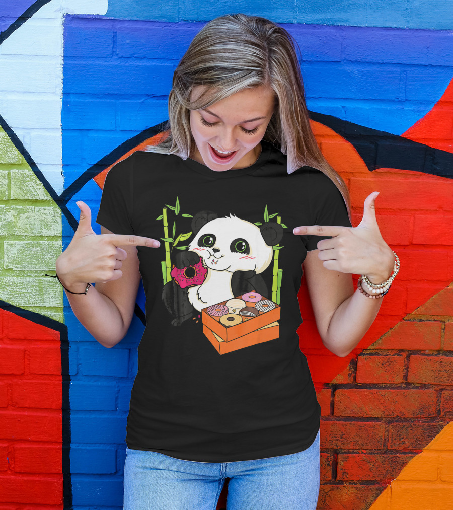 Panda Enjoying Box Of Colorful Donuts With Bamboo Background T-Shirt