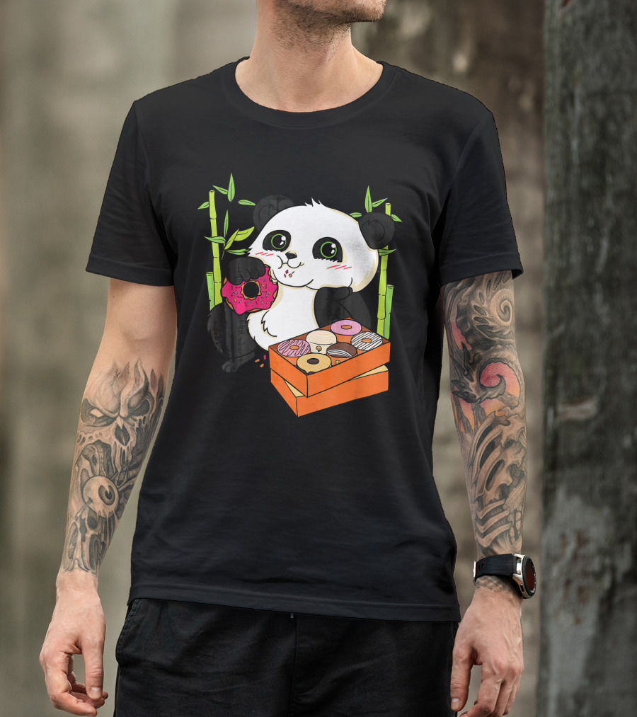 Panda Enjoying Box Of Colorful Donuts With Bamboo Background T-Shirt