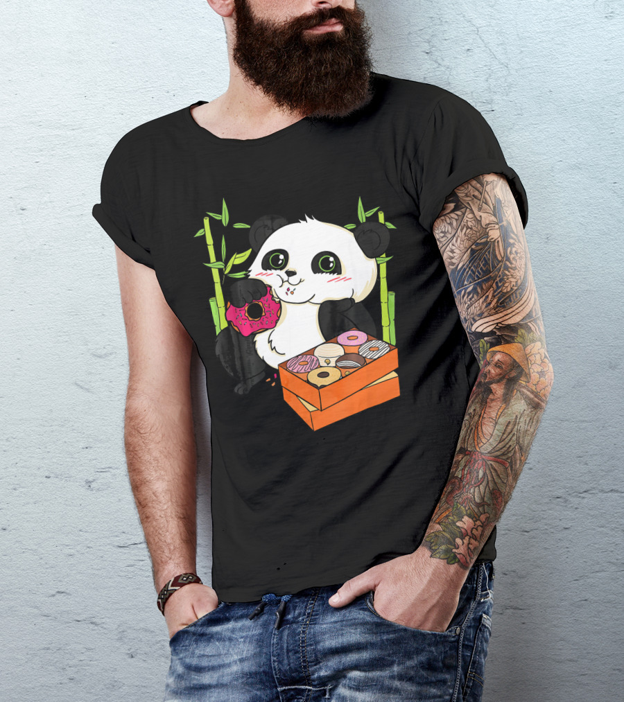 Panda Enjoying Box Of Colorful Donuts With Bamboo Background T-Shirt