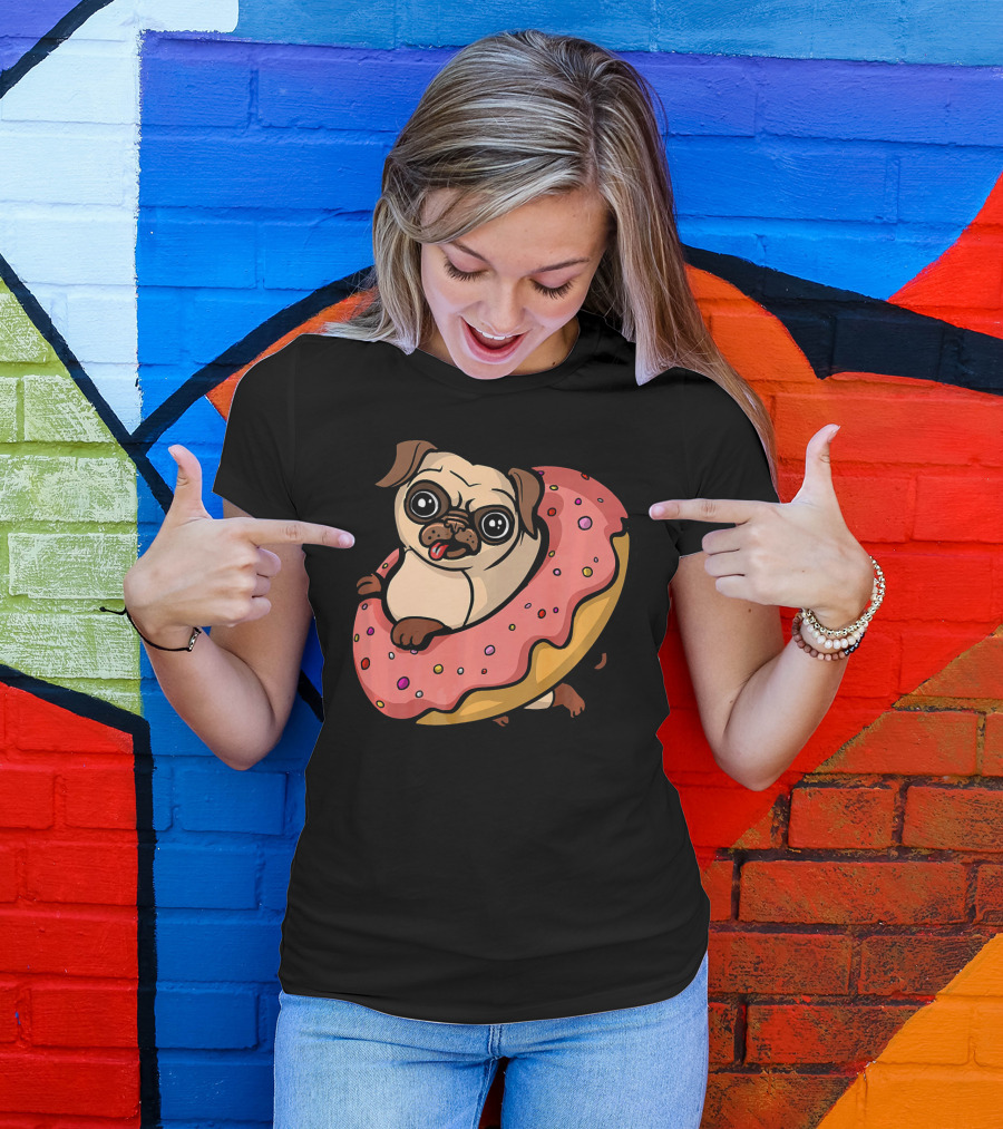 Pug Dog With Pink Frosted Donut Lover T-Shirt