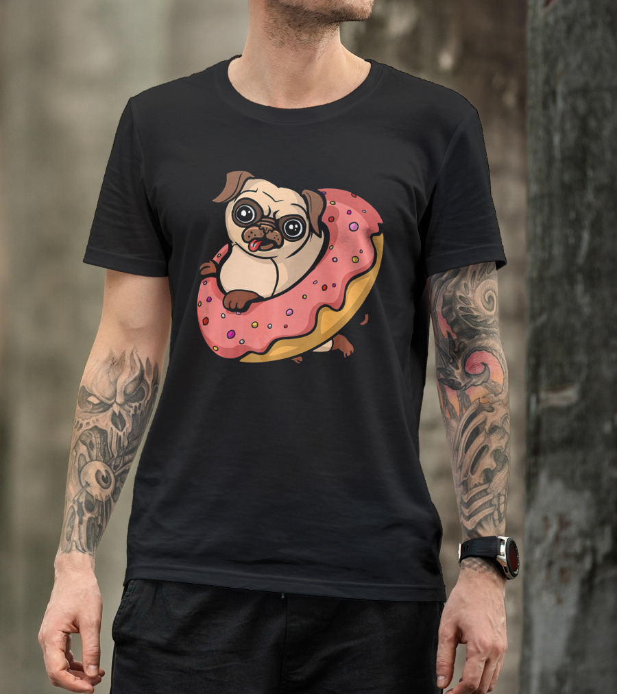 Pug Dog With Pink Frosted Donut Lover T-Shirt