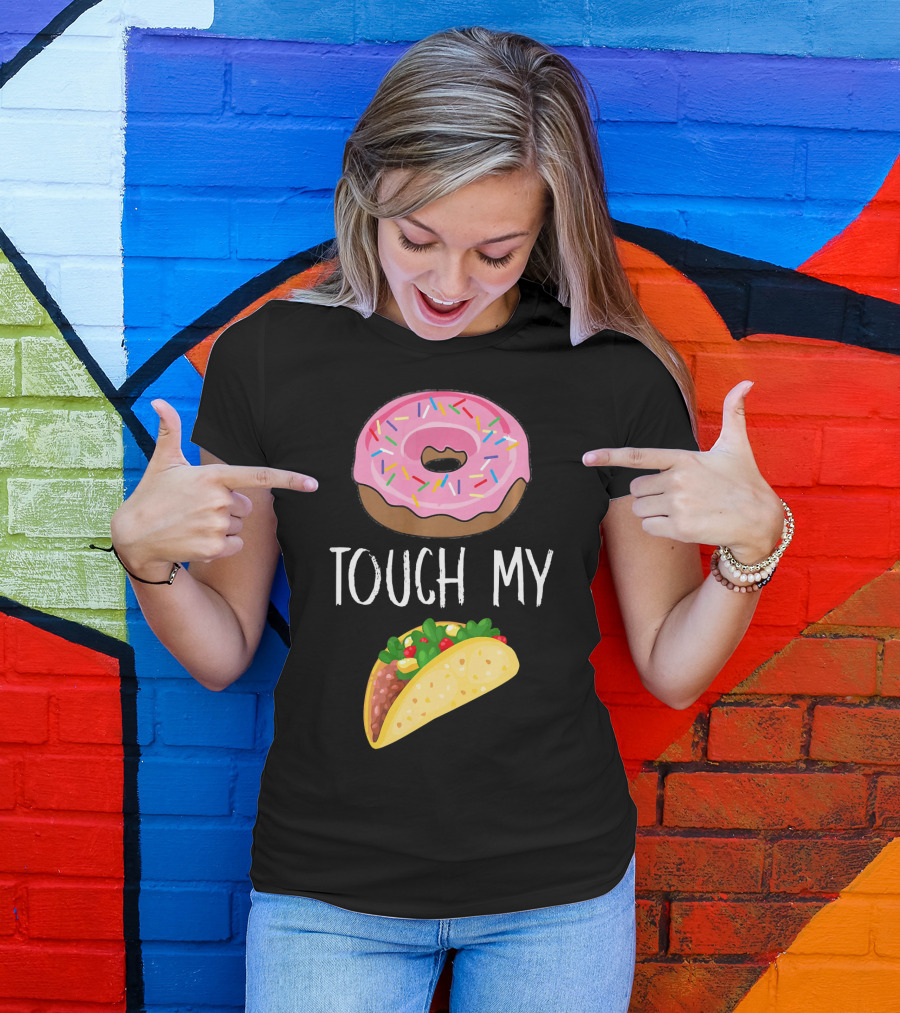 Donut Touch My Taco Tuesday Funny Pun With Pink Frosted Donut And Taco Icons T-Shirt