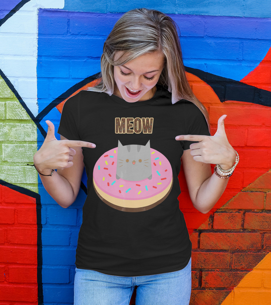 MEOW Adorable Cat Sitting In Colorful Donut T-Shirt