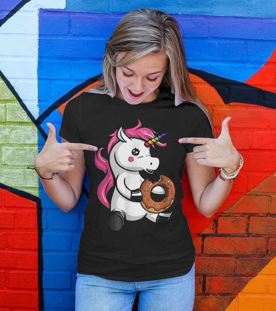 Magical Unicorn With Rainbow Horn Enjoying Chocolate Donut T-Shirt