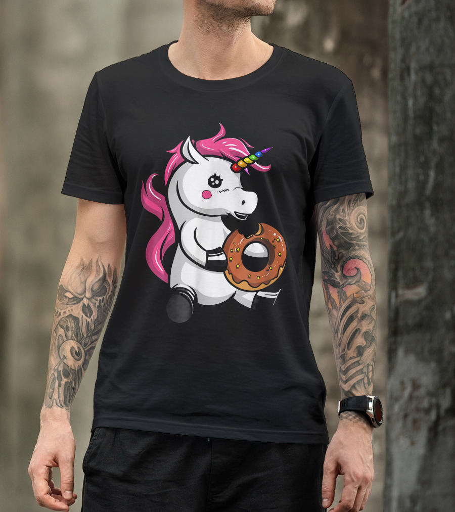 Magical Unicorn With Rainbow Horn Enjoying Chocolate Donut T-Shirt