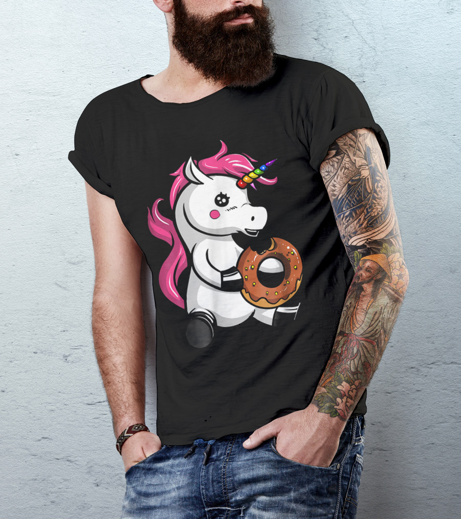 Magical Unicorn With Rainbow Horn Enjoying Chocolate Donut T-Shirt