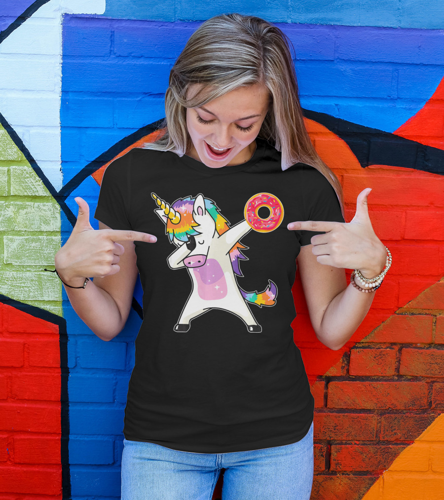 Cute Dabbing Rainbow Unicorn Holding Doughnut Donut T-Shirt