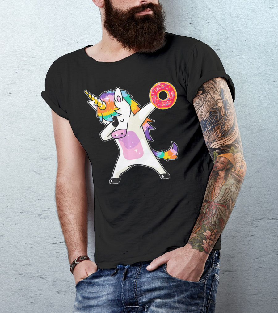 Cute Dabbing Rainbow Unicorn Holding Doughnut Donut T-Shirt