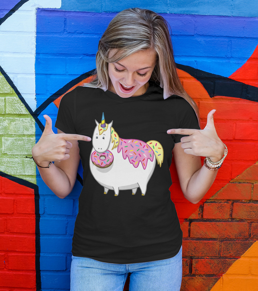 Funny Cute Fat Unicorn With Pink Frosting Doughnut T-Shirt