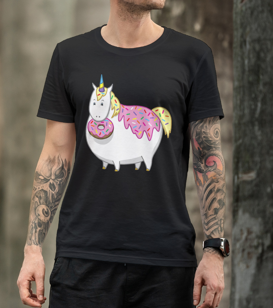 Funny Cute Fat Unicorn With Pink Frosting Doughnut T-Shirt