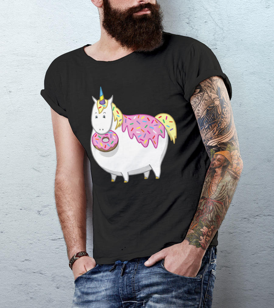 Funny Cute Fat Unicorn With Pink Frosting Doughnut T-Shirt
