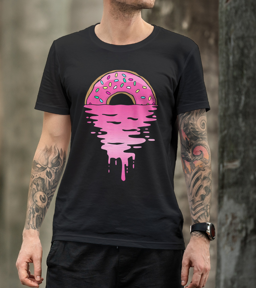 Pink Glazed Donut Melting Into Sunset Horizon T-Shirt