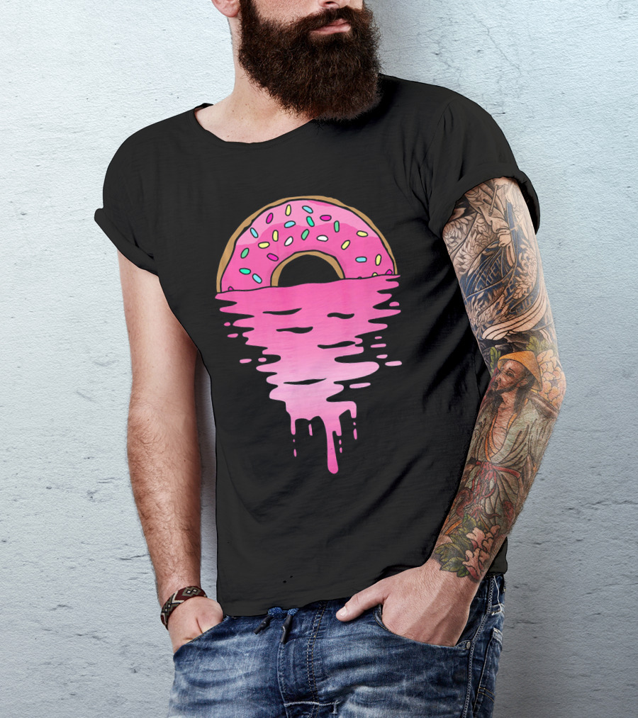 Pink Glazed Donut Melting Into Sunset Horizon T-Shirt