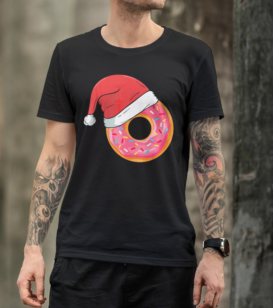 Santa Hat On Sprinkled Donut Holiday Humor T-Shirt