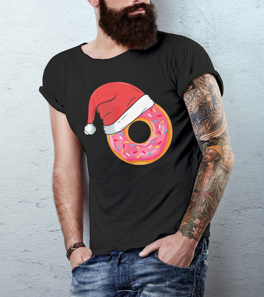 Santa Hat On Sprinkled Donut Holiday Humor T-Shirt