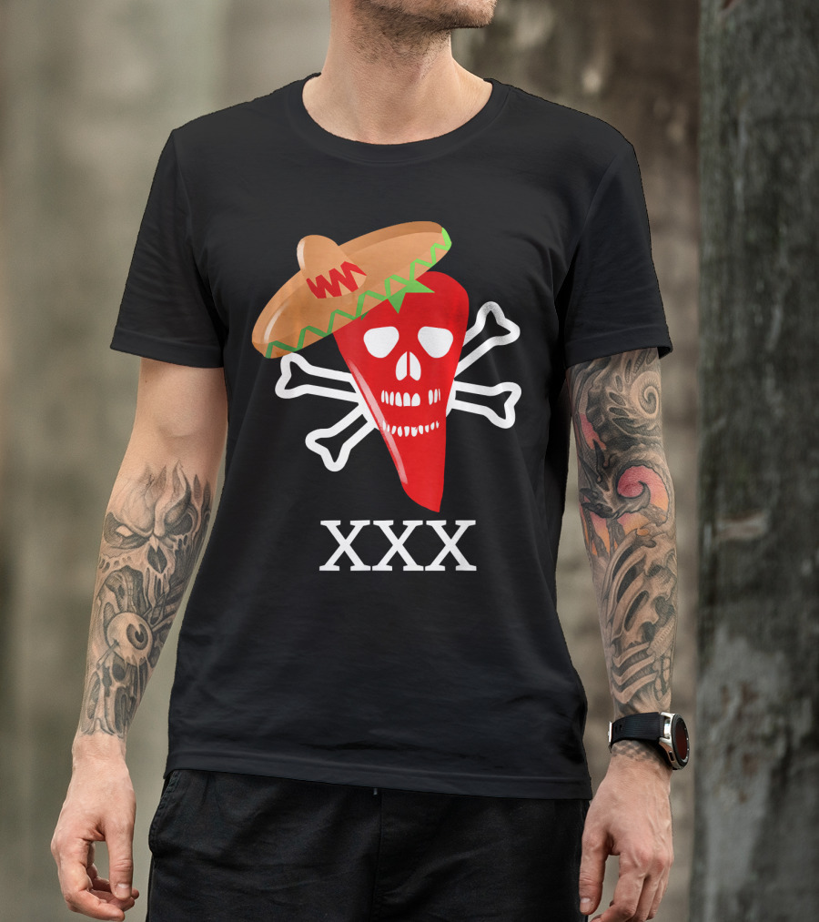 Funny Red Hot Chili Pepper Sombrero Skull Crossbones XXX T-Shirt