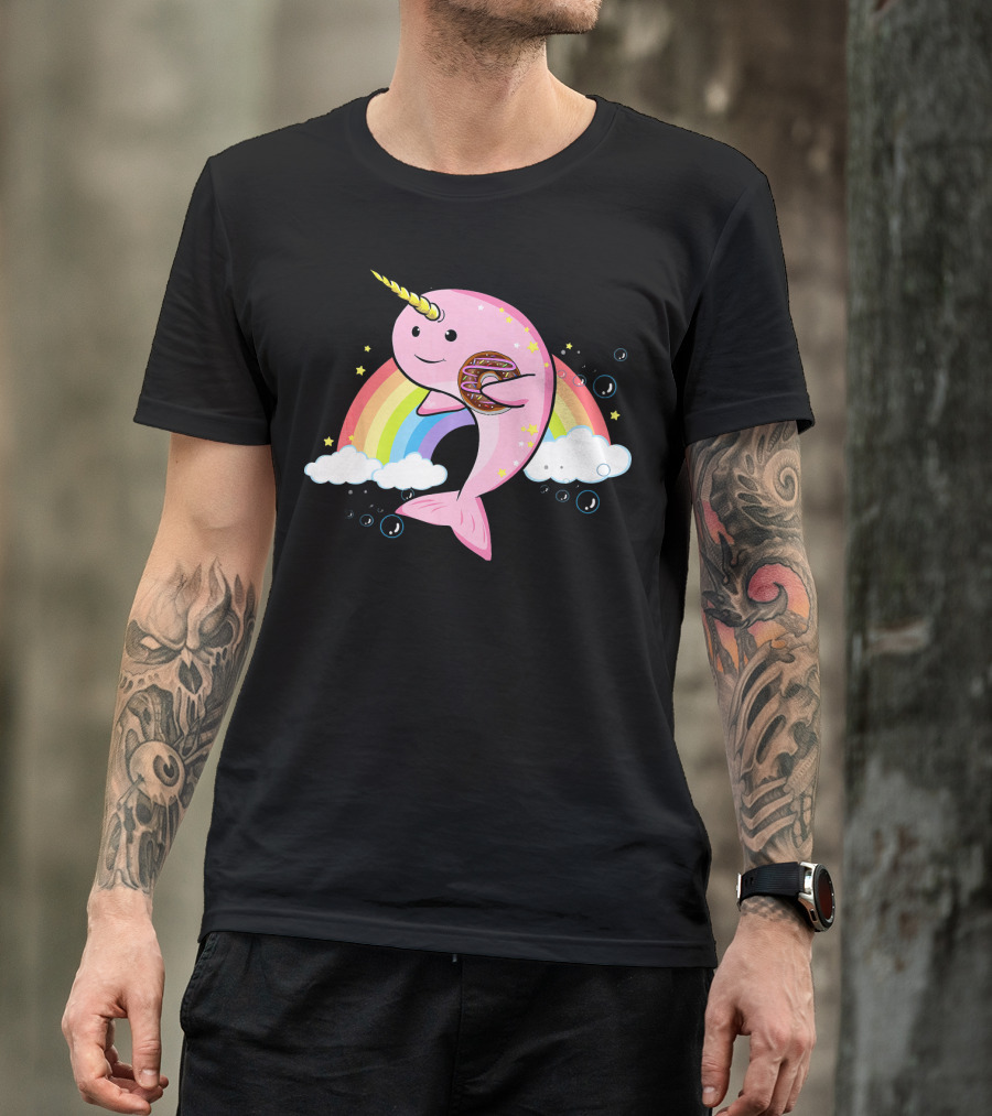 Funny Narwhal Unicorn Of The Sea With Donut On Rainbow Cloud T-Shirt
