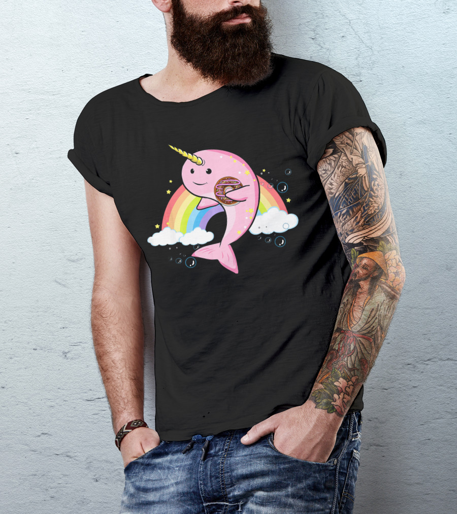 Funny Narwhal Unicorn Of The Sea With Donut On Rainbow Cloud T-Shirt