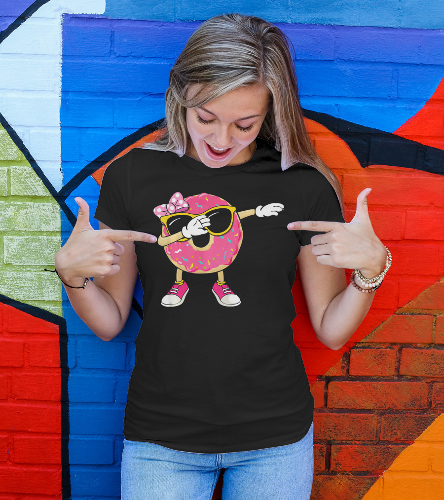 Dabbing Donut With Pink Frosting Sunglasses And Bow T-Shirt