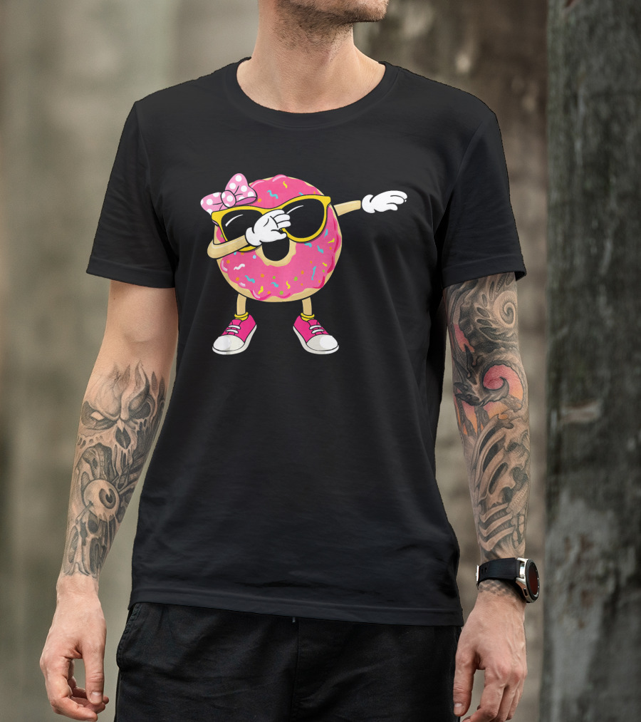 Dabbing Donut With Pink Frosting Sunglasses And Bow T-Shirt