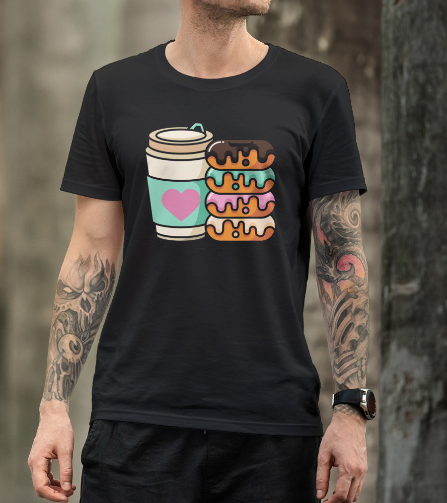 Coffee Donut Lover Heart Stack Doughnut T-Shirt