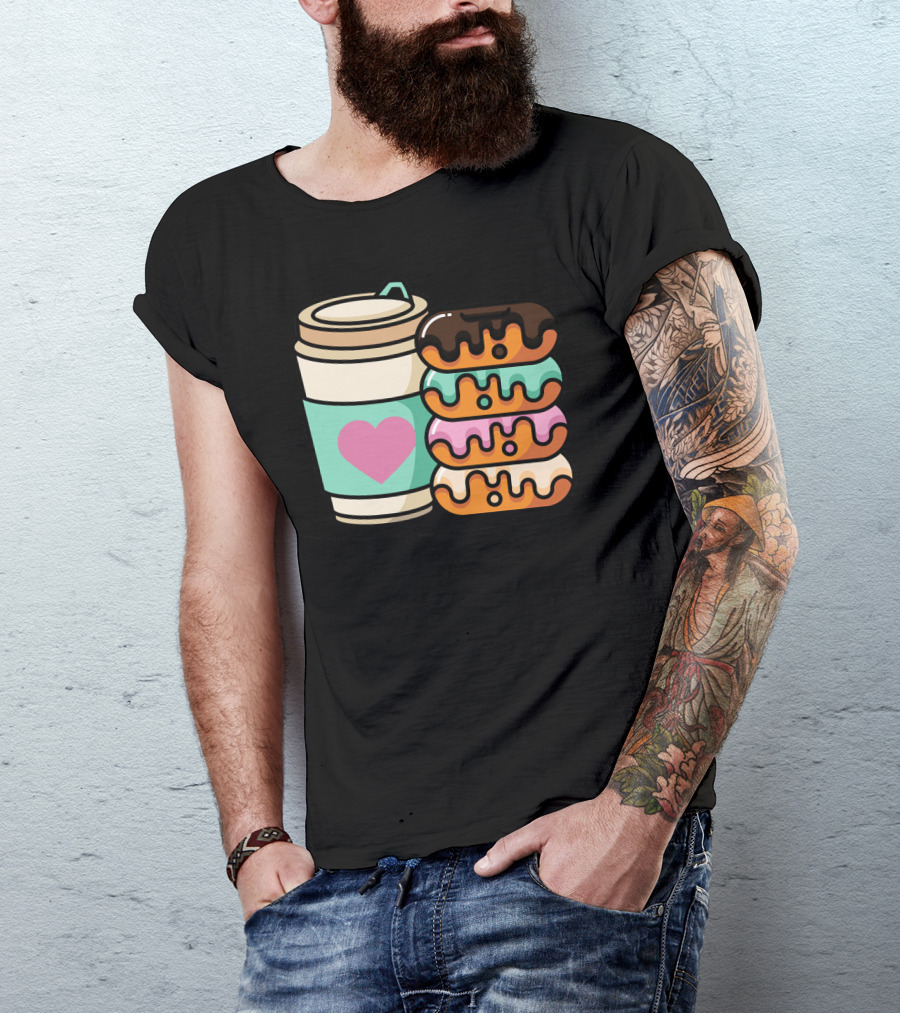 Coffee Donut Lover Heart Stack Doughnut T-Shirt