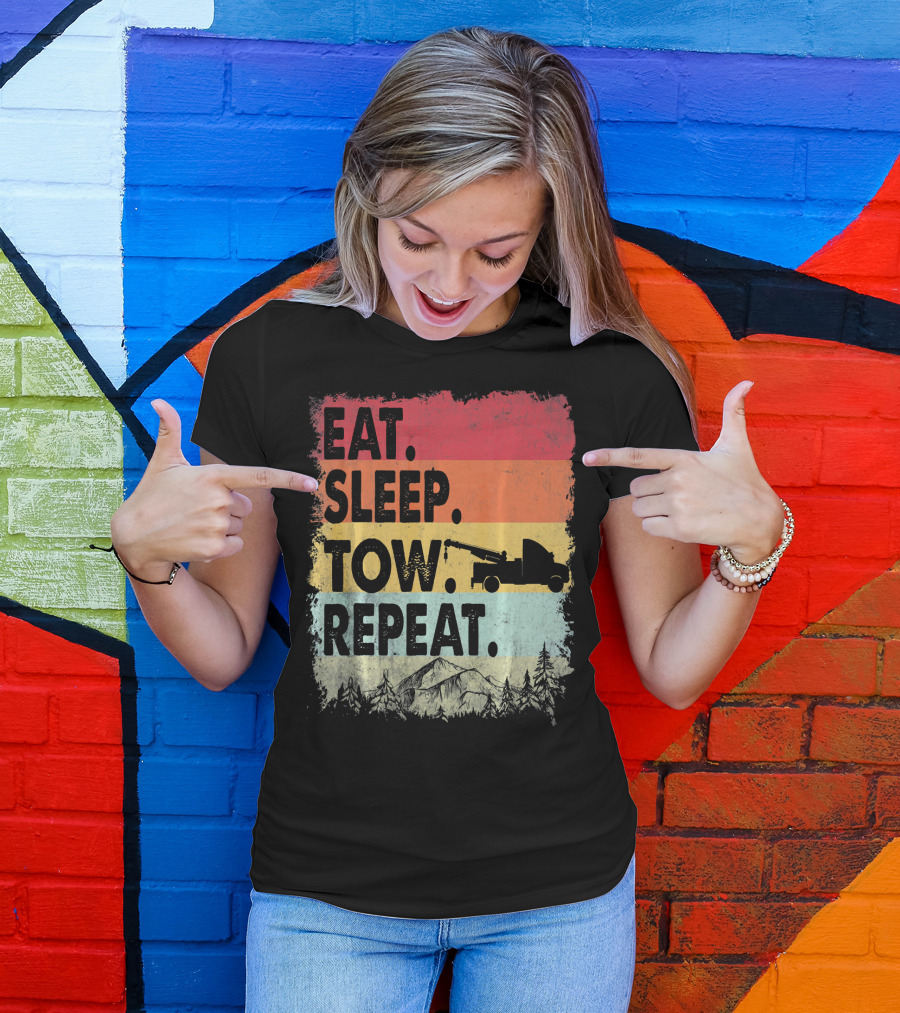 Eat Sleep Tow Repeat Funny Tow Truck Vintage Sunset Mountains Forest T-Shirt