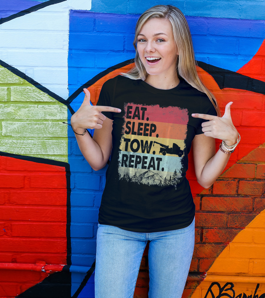 Eat Sleep Tow Repeat Funny Tow Truck Vintage Sunset Mountains Forest T-Shirt