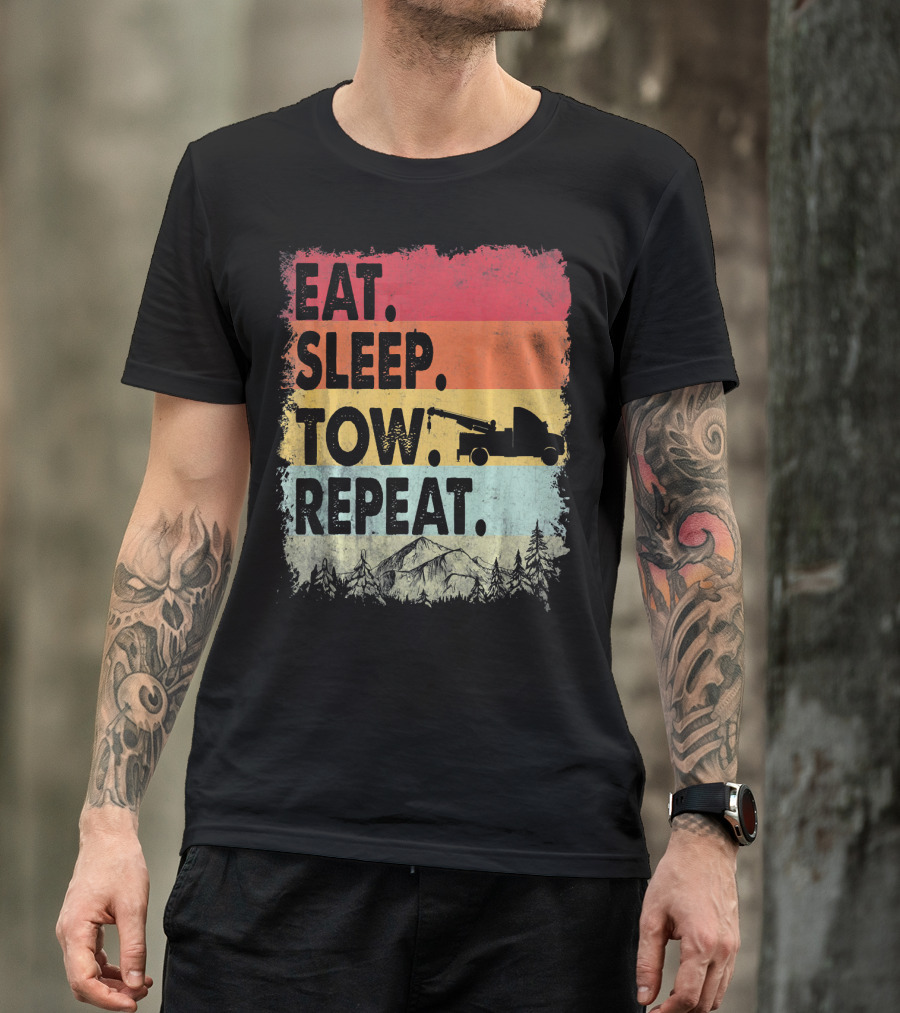 Eat Sleep Tow Repeat Funny Tow Truck Vintage Sunset Mountains Forest T-Shirt