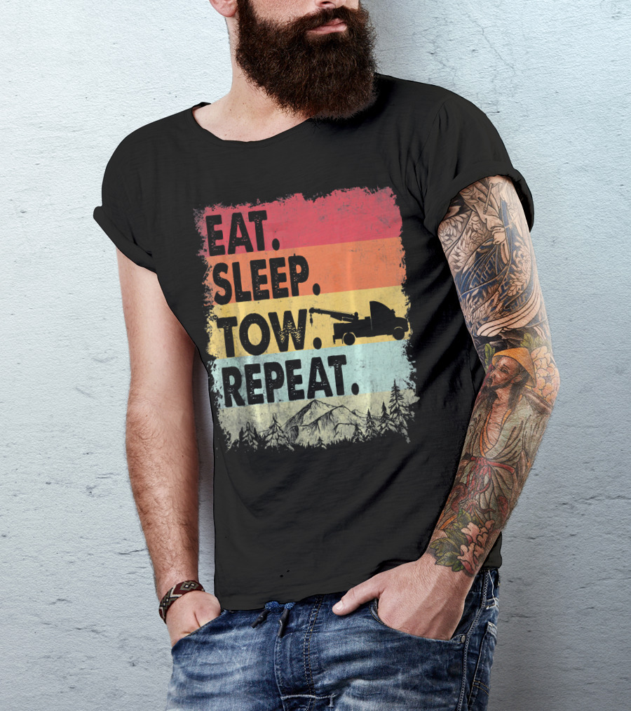 Eat Sleep Tow Repeat Funny Tow Truck Vintage Sunset Mountains Forest T-Shirt