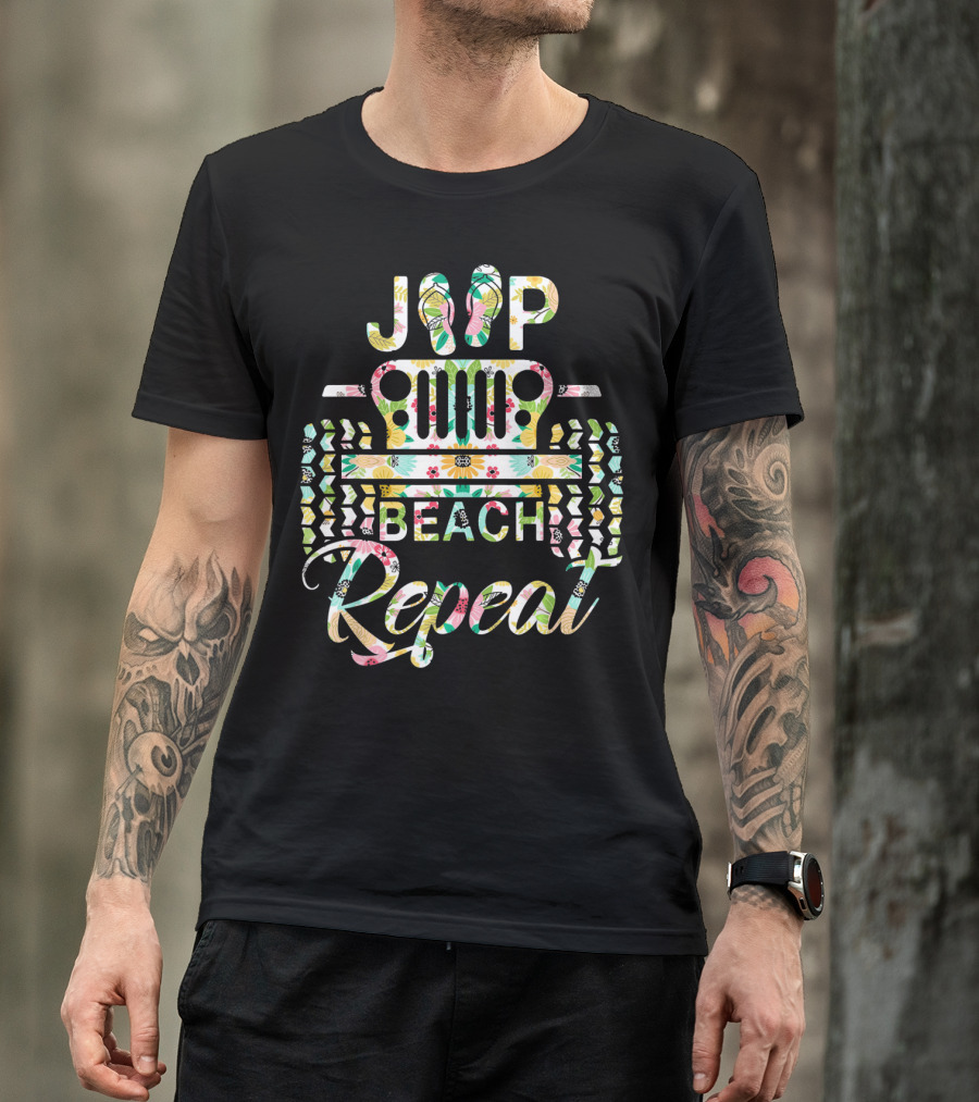 Jeep Beach Repeat Summer Flip Flop Flower T-Shirt