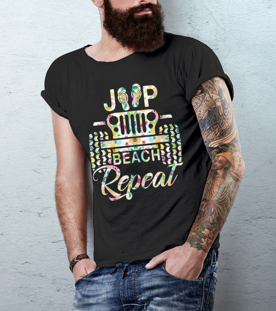 Jeep Beach Repeat Summer Flip Flop Flower T-Shirt