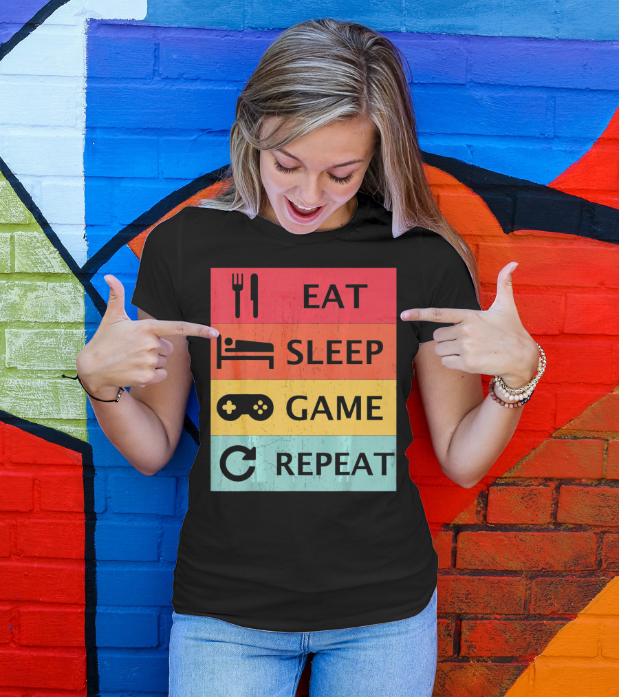 Eat Sleep Game Repeat Meme Retro Icons T-Shirt